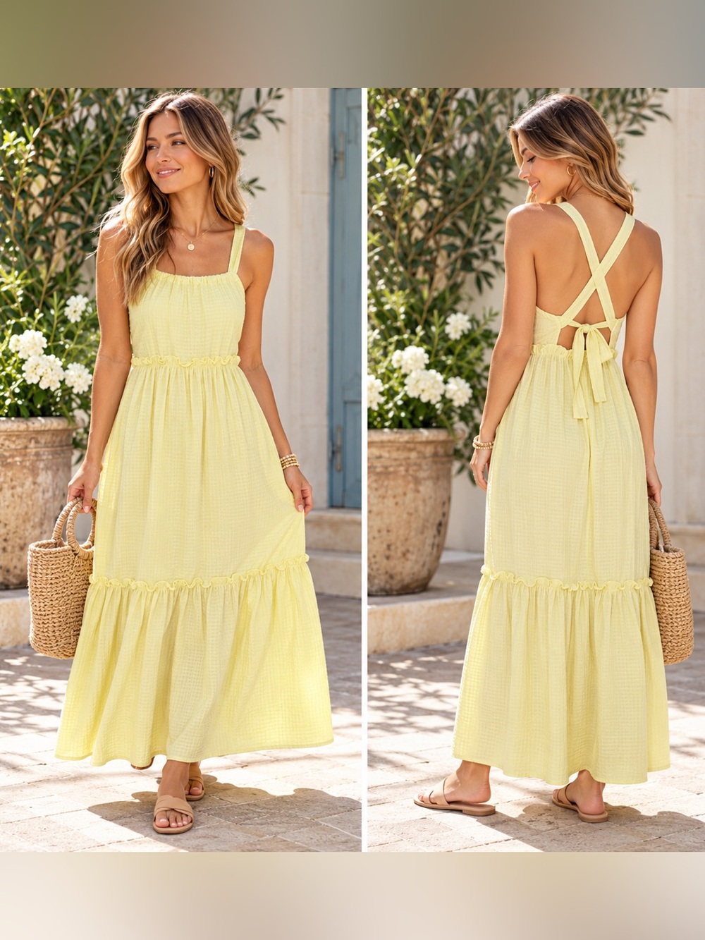 Line & Dot Karli Butter Yellow Tiered Open Back Maxi Dress Anthropologie M